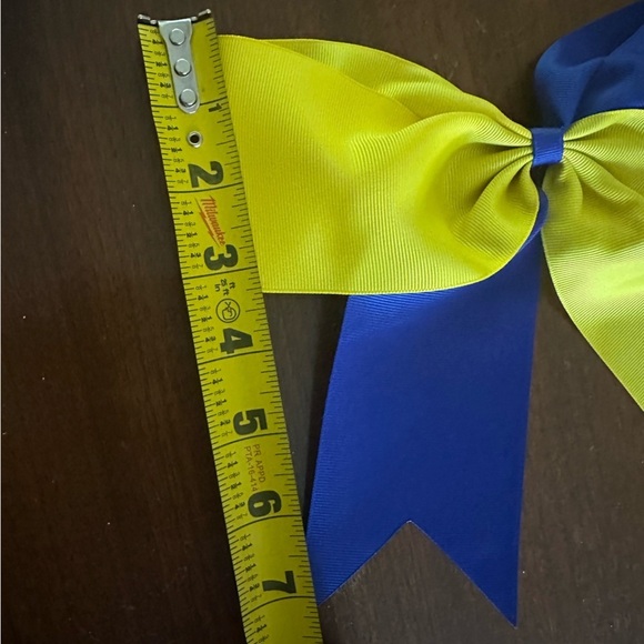 Cheer Bow Large Blue Gold Yellow Rubber Band Spirit Bow - Picture 4 of 5